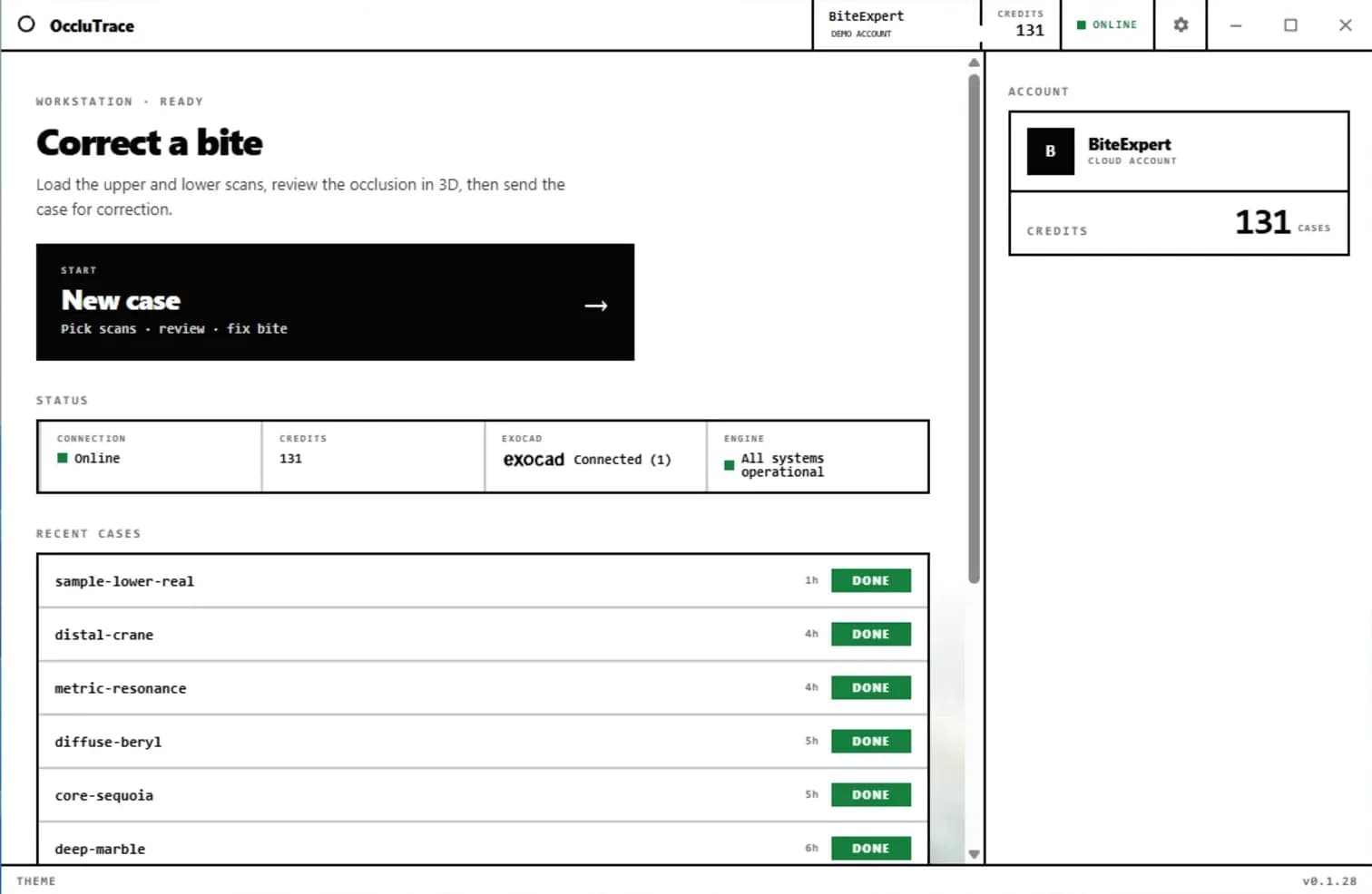 OccluTrace Desktop home screen showing a new case action, online status, Exocad connection status, recent completed cases and account credits.